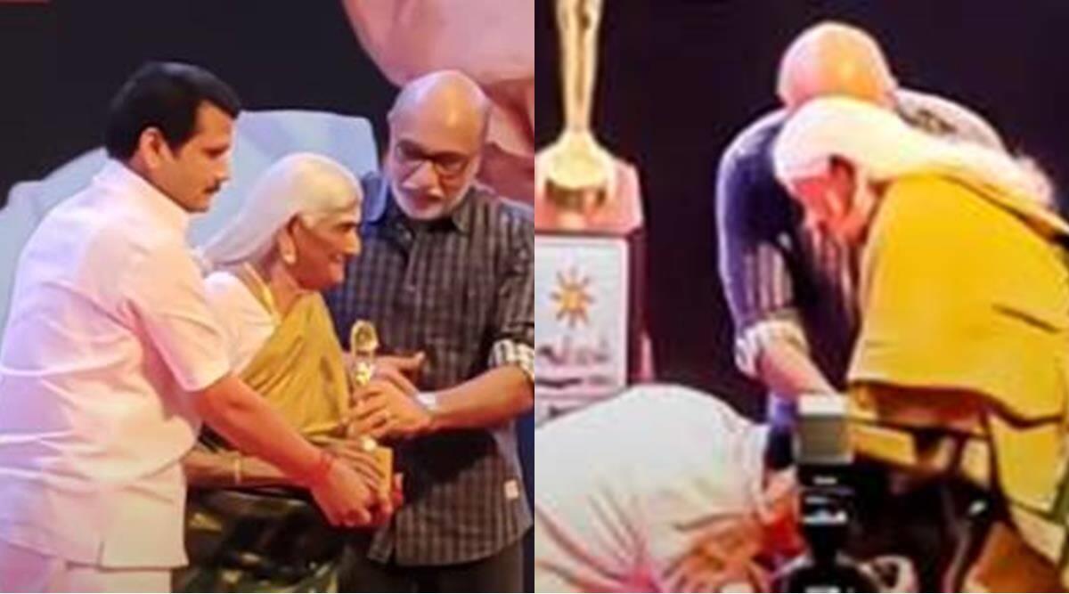 மேடையில் 103 வயது மூதாட்டி காலில் விழுந்த செந்தில்பாலாஜி…
